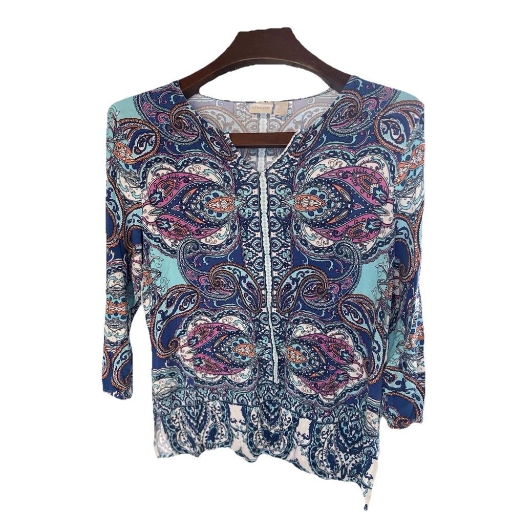 Chicos  Large‎ Women's Tee  Blouse Blue 3/4 Sleeve Paisley Tunic Teal Slits